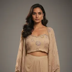 A close-up of the beige Indo-Western set, showing the delicate floral embroidery on the bustier. It's a beautifully crafted piece for a modern, elegant look.