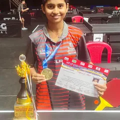 Our national champion Swara Jangade with her gold medal and trophy after her team's victory at the Cadet & Sub Junior National Championship in Indore. This shows her individual success following the team event.