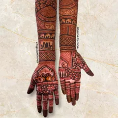 A beautiful example of a full-coverage design for the back of the hands. It features traditional elements like swans, lotuses, and elephants, with detailed bands extending up the arms.