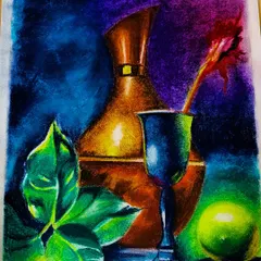 This still life was made with soft pastels, which allow for rich, blendable colors. I can create custom compositions with objects that are meaningful to you, resulting in a vibrant artwork for your home.