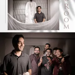 A collage capturing the groom's getting-ready process, including fun moments with his groomsmen.