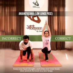 Here we compare the incorrect and correct alignment for Anjaneyasana (Low Lunge). Keeping the back straight and arms lifted correctly deepens the stretch in the hips and protects the lower back.