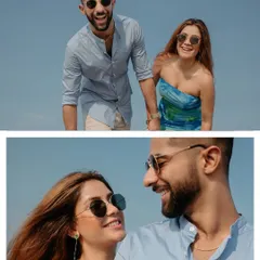 A diptych of a couple enjoying a bright, sunny day on the beach in Goa. These portraits showcase their happy and relaxed connection.
