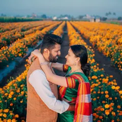 A vibrant pre-wedding portrait of a couple sharing a joyful moment, framed by rows of bright marigold flowers under a clear sky.