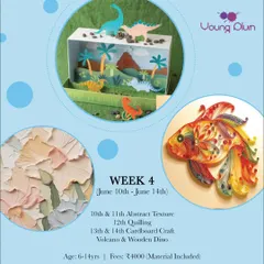 Roar into Week 4 of our summer camp! This week's theme includes abstract texture art, the delicate art of quilling, and building a cardboard craft volcano and wooden dinosaurs.