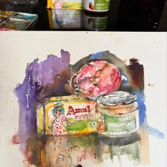 I believe art is everywhere, even on the breakfast table. This is a quick still life watercolor of an Amul butter pack and some pickle, things I literally picked from my kitchen. It’s a reminder that beauty is in the simple, everyday things.