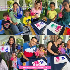 A colorful start to a new chapter. Children and parents create handprint art together, a beautiful symbol of the partnership between home and school in a child's growth.