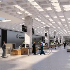 The public hall in our High Court design, featuring a coffered ceiling and clear wayfinding to ensure efficiency and order. The space is designed to be open, accessible, and filled with natural light, reflecting the democratic ideals of the institution it houses.
