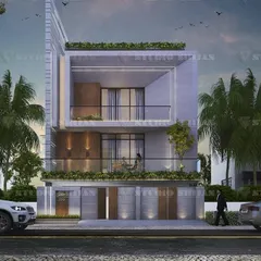 Our 3D visualization for a Delhi residence, featuring a bold, framed upper-level balcony and a combination of wood and grey stone textures for a modern, geometric look.