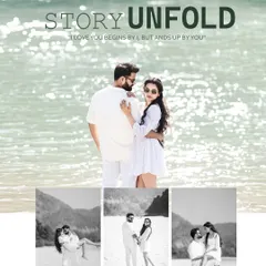 A "Story Unfold" album page design, combining a main color photo with smaller black and white moments from a beach shoot.