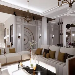 Natural light floods this spacious living room, highlighting the clean lines and modern classic aesthetic. We used a mix of plush sofas, elegant accent chairs, and a striking black marble coffee table to create a luxurious and comfortable gathering space.
