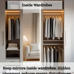 A practical solution for bedrooms is to place mirrors inside wardrobe doors. This hidden placement is ideal as it reduces energy disturbances while you sleep, ensuring the mirror's reflective properties do not interfere with your rest.