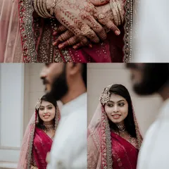 A collage showing a Muslim bride's loving glances towards her groom, along with a detailed shot of her beautiful henna-adorned hands.