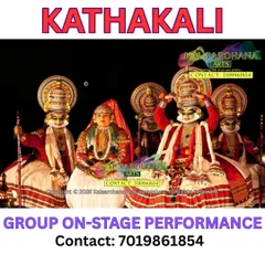 A group of our Kathakali artists assembled for a stage performance. We can arrange for solo, duet, or ensemble performances to tell larger stories from Indian epics like the Mahabharata.