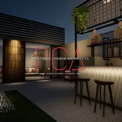 A close-up render of the bar area on the terrace. The design features an industrial-style overhead structure, warm pendant lighting, and a textured bar front, creating a cozy and stylish corner for socializing.