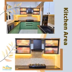 This collage showcases a beautiful L-shaped kitchen with a refreshing mint green and white color scheme. The design includes frosted glass cabinets and bright under-cabinet lighting for a clean, modern look.