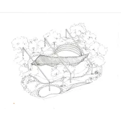 A conceptual sketch for a central court shaded by a sculptural parasol element. Our initial drawings focus on creating functional and beautiful focal points that bring people together.