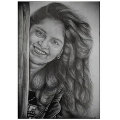 A commissioned graphite pencil sketch. I love how this portrait captures a moment of pure, spontaneous happiness. Using graphite allows me to focus on the fine details, from the light in her eyes to the flow of her hair, creating a timeless and personal keepsake.