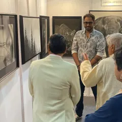 Discussing my artwork with the esteemed Javed Akhtar saab. Sharing the stories behind my creations is one of the most rewarding parts of an exhibition.