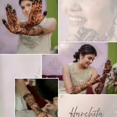 A lovely collage capturing the joy of bride Harshita during her mehendi ceremony, showcasing her beautiful hand and arm designs from different angles.