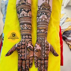 A complete bridal mehndi that tells a royal story. This design includes intricate details like a baraat procession with elephants, palace architecture, and traditional motifs, covering the hands and arms beautifully.