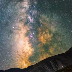 A close-up of the Milky Way's core, captured with a Canon R6 and a 50mm lens in Suru Valley, Ladakh. The countless stars and gas clouds evoke a sense of wonder about the vastness of the universe.