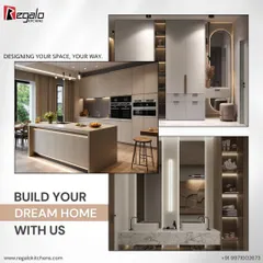 We design your space, your way. This collage shows how our design philosophy extends to the whole home, from a kitchen island to a wardrobe with an integrated vanity and a modern bathroom sink. We create cohesive and beautiful interiors.