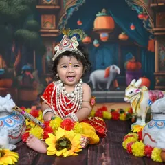 This little one dressed as Krishna is one of my most requested photoshoots. I love how the vibrant colours, detailed props, and the baby's joyful expression come together to create such a special portrait for Janmashtami.