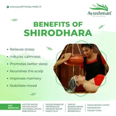 Shirodhara is a deeply calming therapy where a continuous stream of warm, medicated oil is poured onto the forehead. It is highly effective for relieving stress, inducing calmness, promoting better sleep, and stabilizing mood.