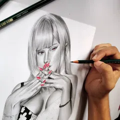 A portrait of Kitagawa from My Dress Up Darling, combining a graphite base with pops of color in the eyes and nails. This is a great example of mixed media work.