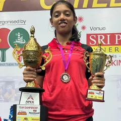Eshaa of Winner's Cloud with her impressive trophies after winning Gold in U17 and Bronze in U19 Girls Singles at the 2nd Andhra Pradesh State ranking tournament.