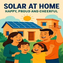 A happy family in front of their solar powered home. This illustration captures the feeling of pride and security that comes with generating your own clean electricity.