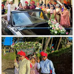 The grandeur of a Goa wedding, from the groom's arrival in a vintage car to the bride's entry under a floral canopy on the beach.