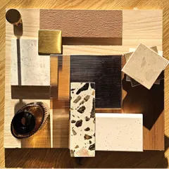 This mood board explores a warmer, earthier palette. The combination of terrazzo, textured plaster, reeded glass, and brushed metal helped establish the tactile and sophisticated language for one of our villa projects.