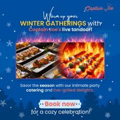 There's nothing like the aroma of a live tandoor to warm up a party. This image highlights our popular live-grilled delights, perfect for winter gatherings, where guests can enjoy freshly made kebabs and tikkas straight from the fire.
