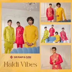 Haldi Vibes. A collage of our vibrant kurta and jacket sets in shades of yellow, green, and pink, perfect for the entire groom's squad at a Haldi ceremony.