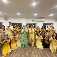 Our wonderful group of dancers after a Kathak workshop, all in the traditional 'namaskar' pose to show respect for the art form.