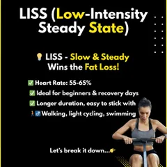 LISS, or Low-Intensity Steady State, is slow and steady cardio ideal for beginners and recovery days. Think walking or light cycling. It's easy to stick with and great for fat loss.