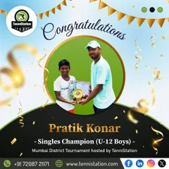 Congratulations to Pratik Konar for smashing his way to become the Singles Champion (U-12 Boys) at the Mumbai District Tournament hosted by TenniStation.
