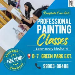 Join our professional painting classes! This graphic gives you a peek into our studio in Green Park Extension and invites you for a free demo class to experience our teaching style firsthand.