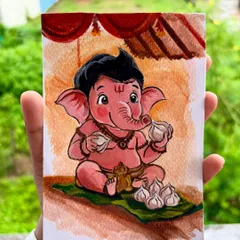 A sweet and playful depiction of baby Ganesha enjoying his favorite modaks. This is part of a small series I created to celebrate the joy of Ganesha Chaturthi.