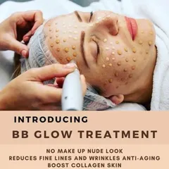 This graphic explains the core benefits of my BB Glow treatment. It is a non-invasive procedure designed to give you a "no makeup" nude look by boosting collagen, reducing fine lines, and creating a radiant complexion.