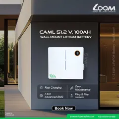 The CAML 51.2 V, 100Ah Wall Mount Lithium Battery is a 5 kWh LiFePO4 battery designed for modern homes. It offers fast charging, zero maintenance, and plug-and-play installation, all in a sleek, space-saving design.
