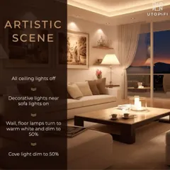 Set an artistic scene for a relaxing evening. This custom mood dims ceiling and cove lights while activating decorative lamps near the sofa, creating a warm and sophisticated ambiance.