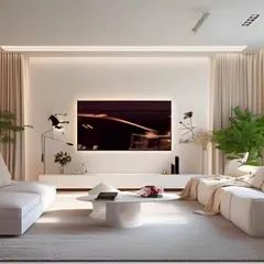 An all-white living room design that creates a feeling of serenity and space. We used soft, comfortable sofas, sheer curtains to maximize natural light, and carefully placed plants to add a touch of nature and life to the minimalist aesthetic.