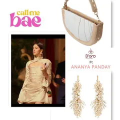 Styling Ananya Panday's iconic styles from "Call Me Bae". Her elegant beige dress is perfectly complemented by our bestselling pearl and crystal long earrings, creating a sophisticated look.