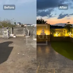 Another angle of a dramatic transformation, showing how an unused space with water tanks and debris became an elegant evening retreat with a beautifully lit Buddha feature wall.