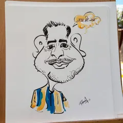 A close-up of a caricature with a "Jai Shri Ram" thought bubble, adding a personal touch for the guest.