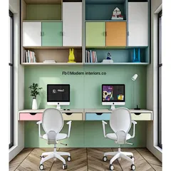 A colorful and practical dual workstation, perfect for couples or siblings working side-by-side. The pastel-colored drawers add a playful touch, while the overhead cabinets provide plenty of storage to keep the desk clear.