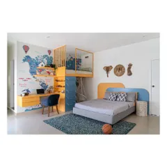 A vibrant and playful children's bedroom designed for learning and fun. The room features a custom world-map wallpaper, a bunk bed with a safety net and swing, and an integrated study area, creating a personal playground for a child to thrive in.